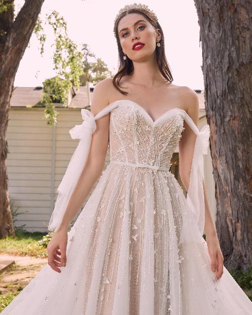 La22107 a line off the shoulder wedding dress with slit and pockets1